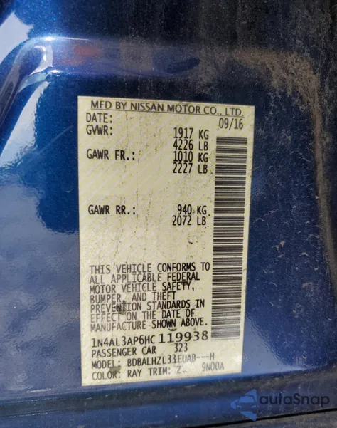 2017 Nissan Altima 2.5 from USA, damaged, VIN 1N4AL3AP6HC119938